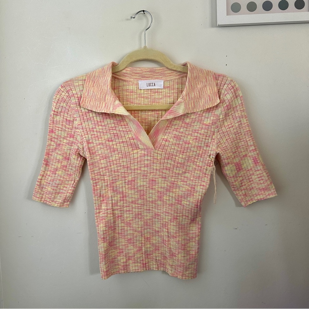 Pink & Cream Ribbed Polo Top